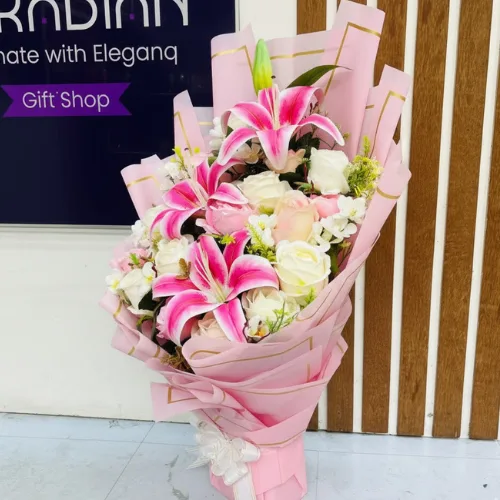 The Everlasting Grace Artificial Pink Lily & White Rose Bouquet