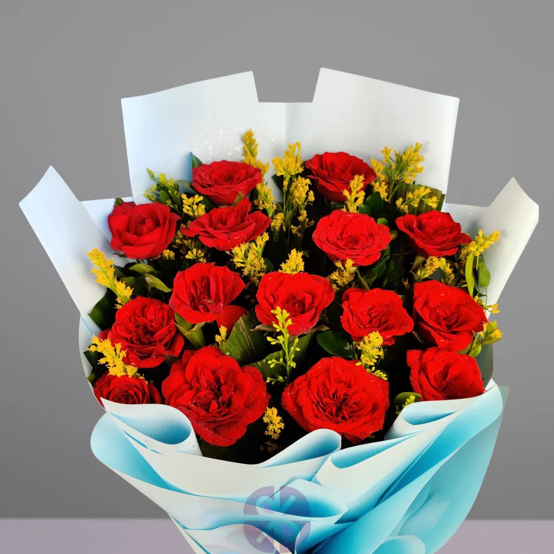 Majestic Red Roses & Golden Accents Stand Bouquet (Sky Blue Wrap)