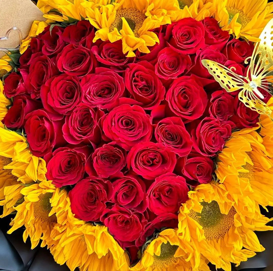 Sunflower & Red Rose Heart Bouquet with Butterfly
