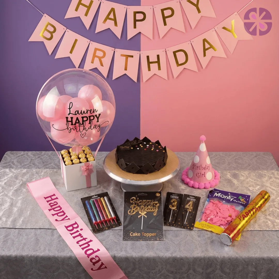 Ultimate Birthday Kit Personalized Pink Balloon Box, Cake & Party Combo