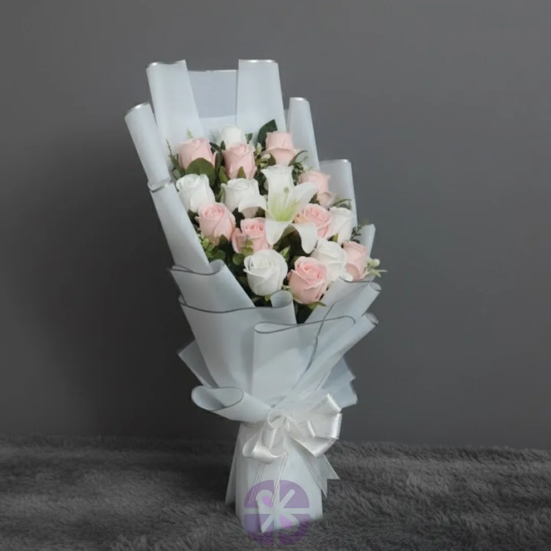 Artificial Pink & White Rose Stand Bouquet