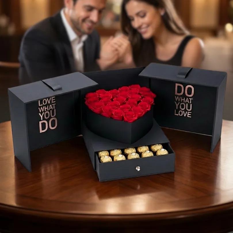 Premium Red Rose Heart & Ferrero Rocher Drawer in Matte Black Luxury Box