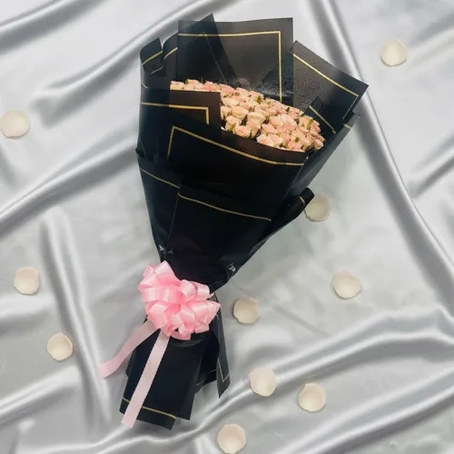 100 Shade Pink Rose Round Bouquet with Black Wrap
