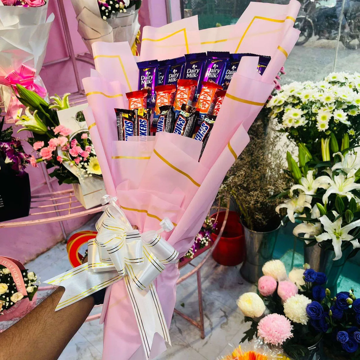 The Sweet Mix Chocolate Bar with Pink Wrap Bouquet