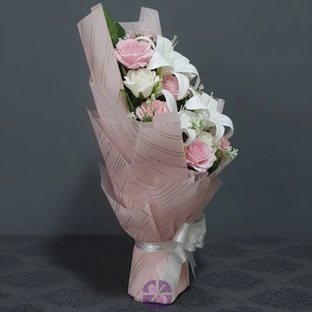 Sweet Serenity Artificial Pink & White Rose Lily Bouquet