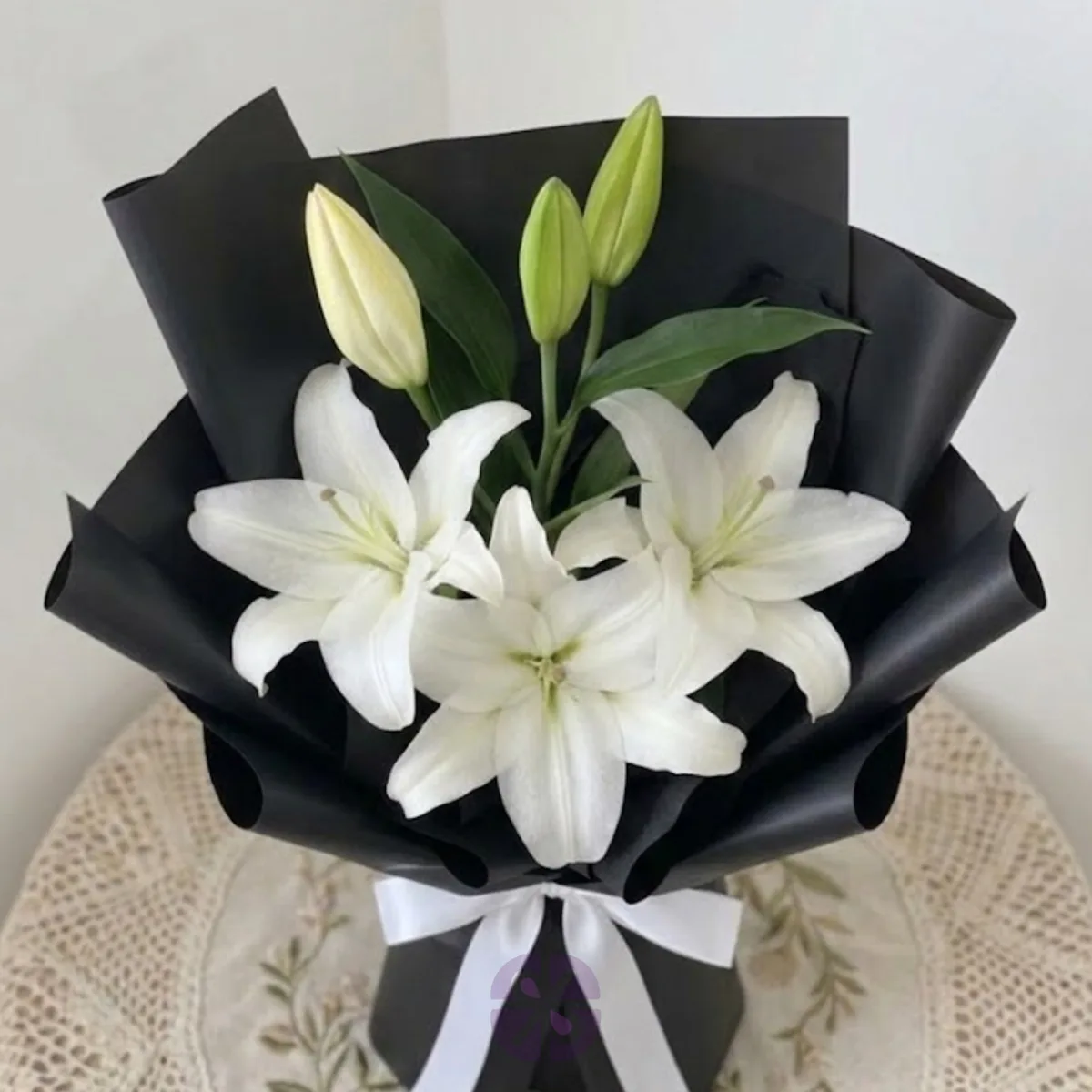 Premium White Oriental Lily Hand Bouquet in Black Wrap
