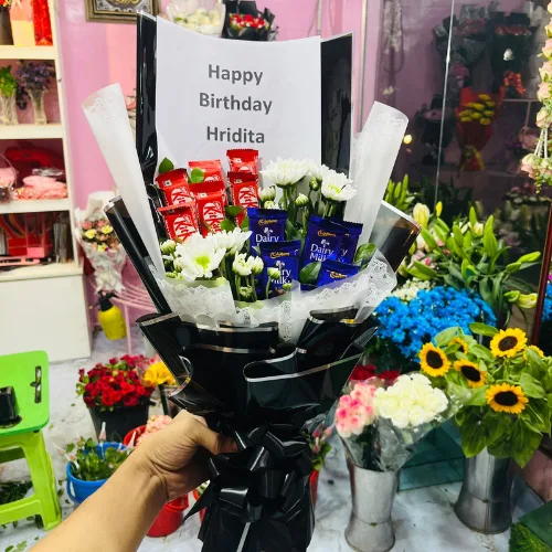 Black Wrapped Birthday Bouquet with KitKat, Dairy Milk & White Chrysanthemums