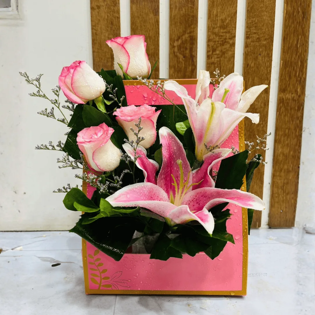 Pink Fantasy Chinese Lily and Pink Shade Roses Box Arrangement