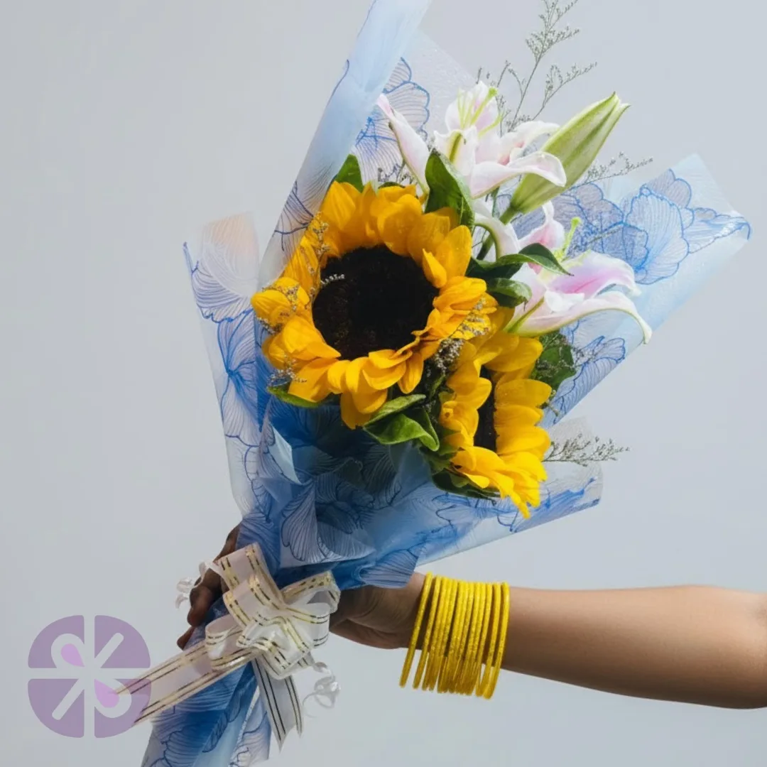 Sunflower & Lily Hand Bouquet - Bright & Cheerful Gift