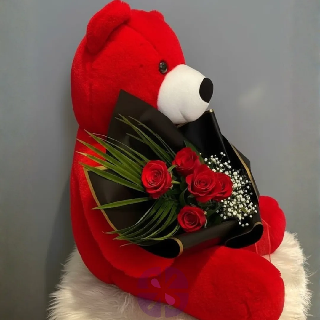 Giant Red Teddy Bear with Red Roses Hand Bouquet