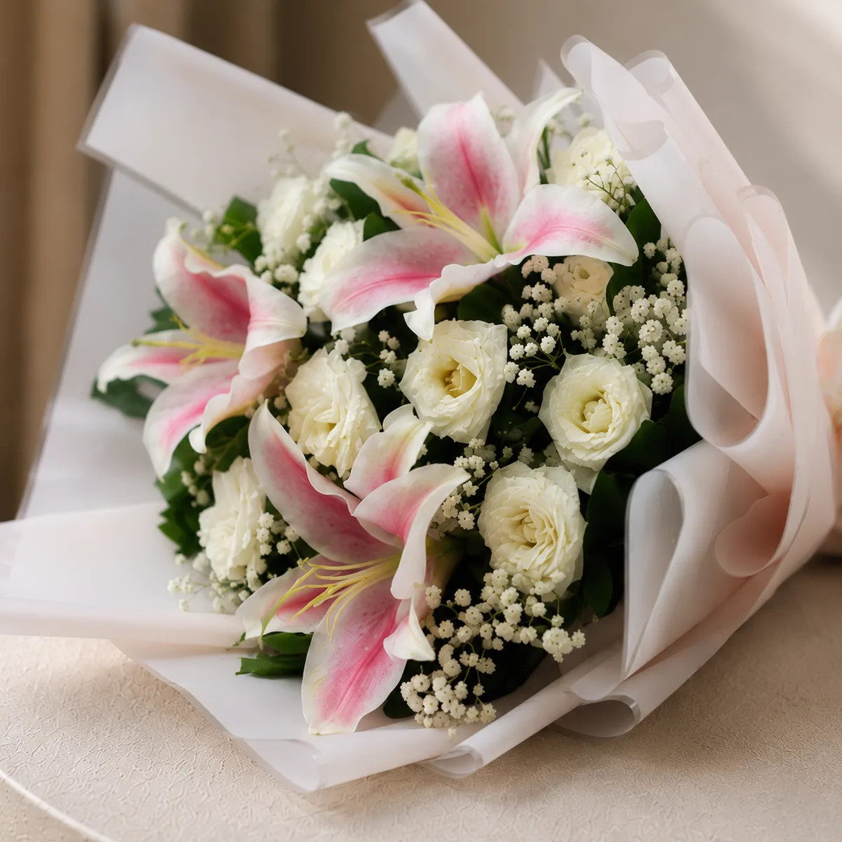 The Elegant Contrast Pink Lily & White Rose Harmony Bouquet