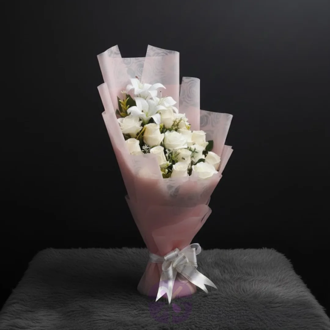 Purity in Bloom Artificial Eternal White Rose & Lily Stand Bouquet