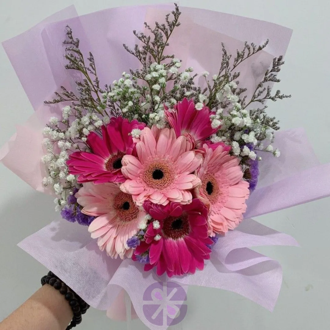 Enchanting Pink Gerbera Bouquet with Limonium & Baby's Breath