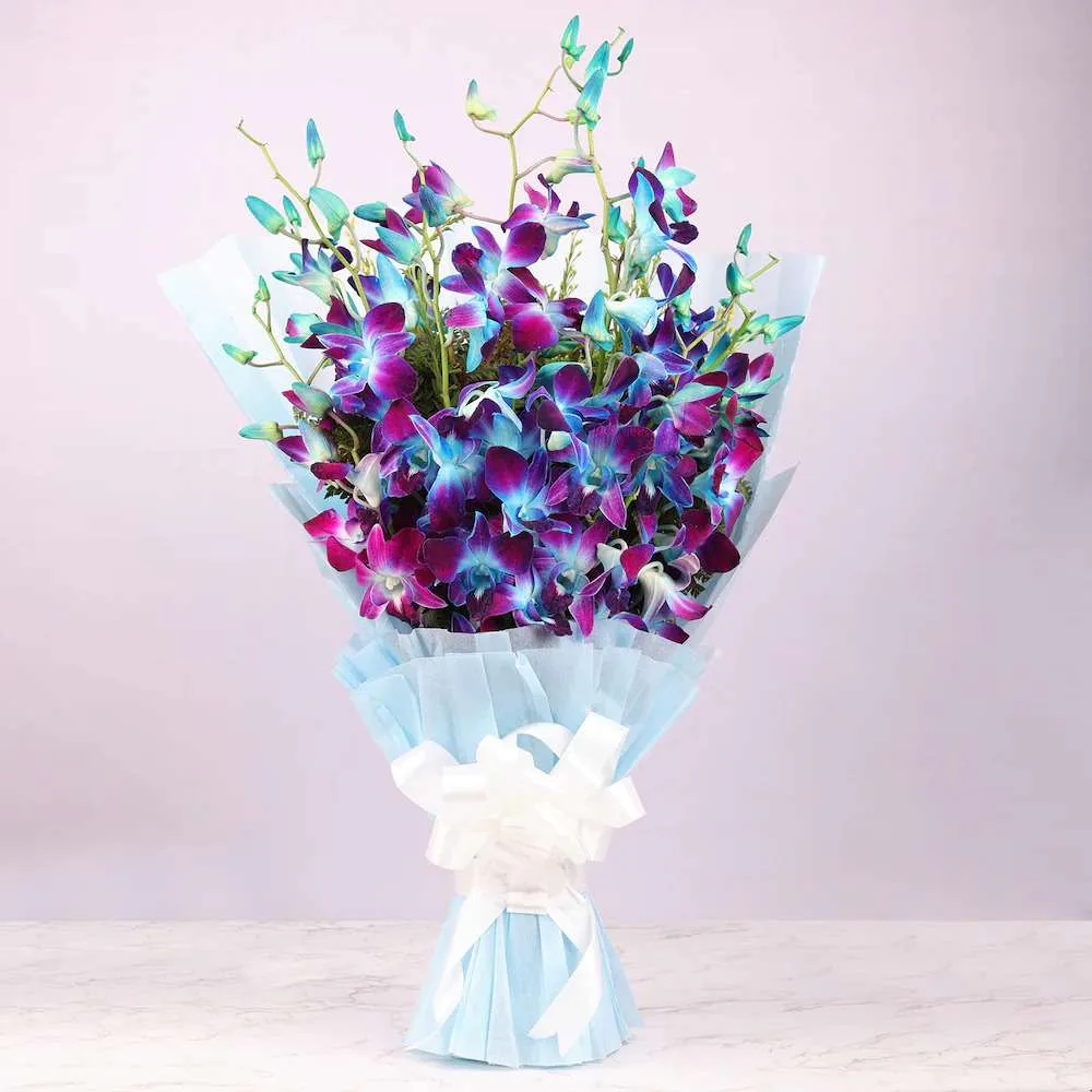 Elegant Blue Orchid Bouquet with Sky-Blue Wrap