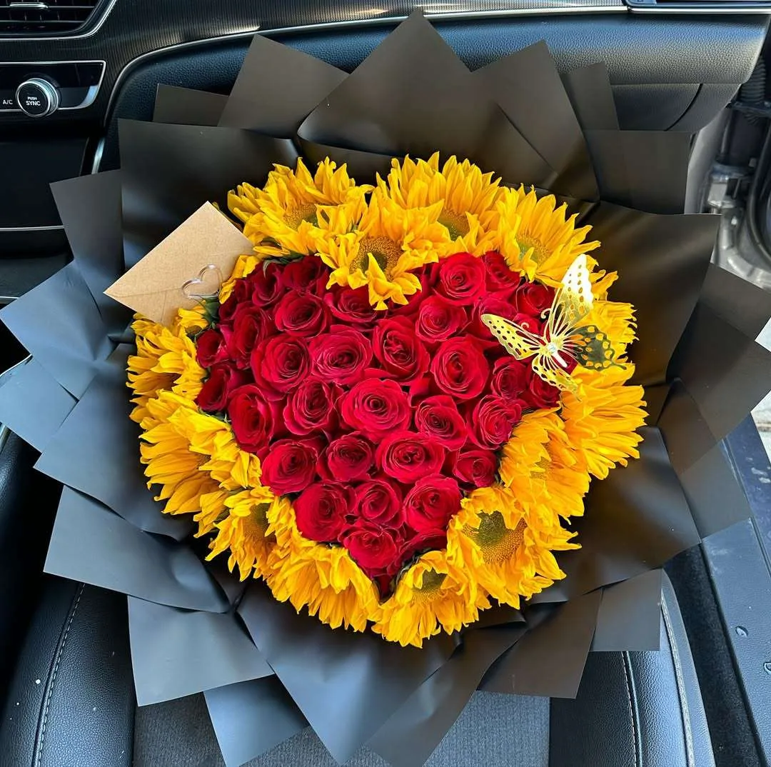 Sunflower & Red Rose Heart Bouquet with Butterfly