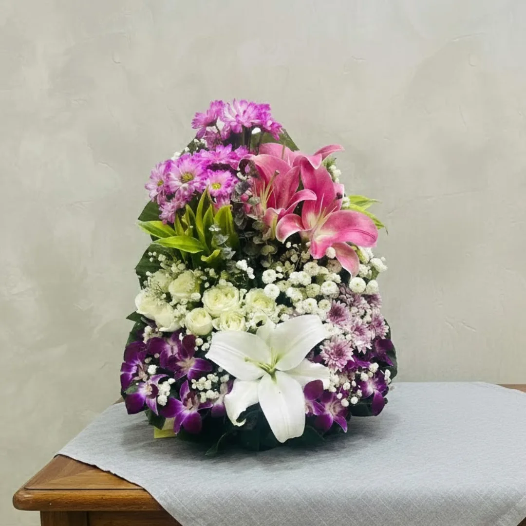 Elegant Harmony Premium Mixed Flower Basket & Round Pink Chocolate Box Combo