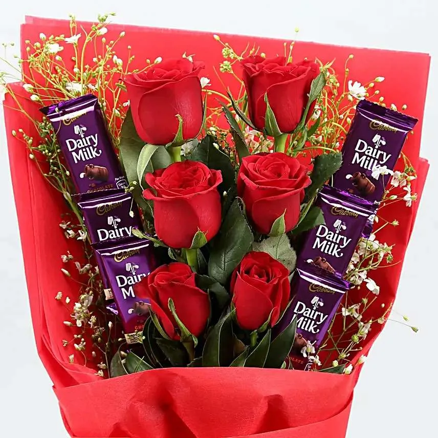 Red Roses & Dairy Milk Chocolate Bouquet