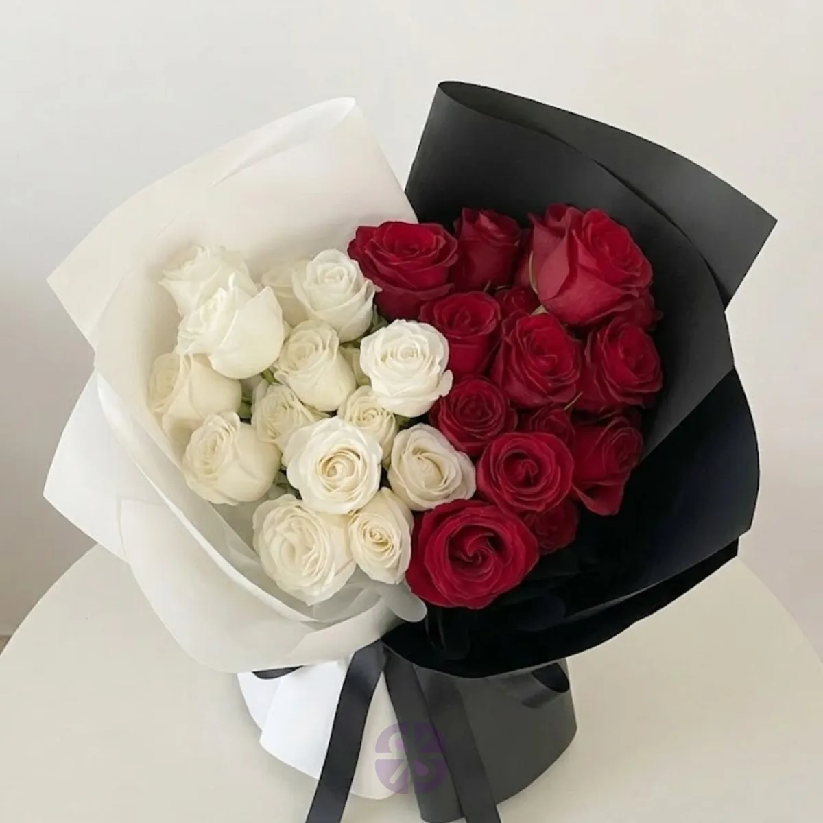 24 Chinese Rose Stand Bouquet Red & White Symmetry in Monochrome Wrap