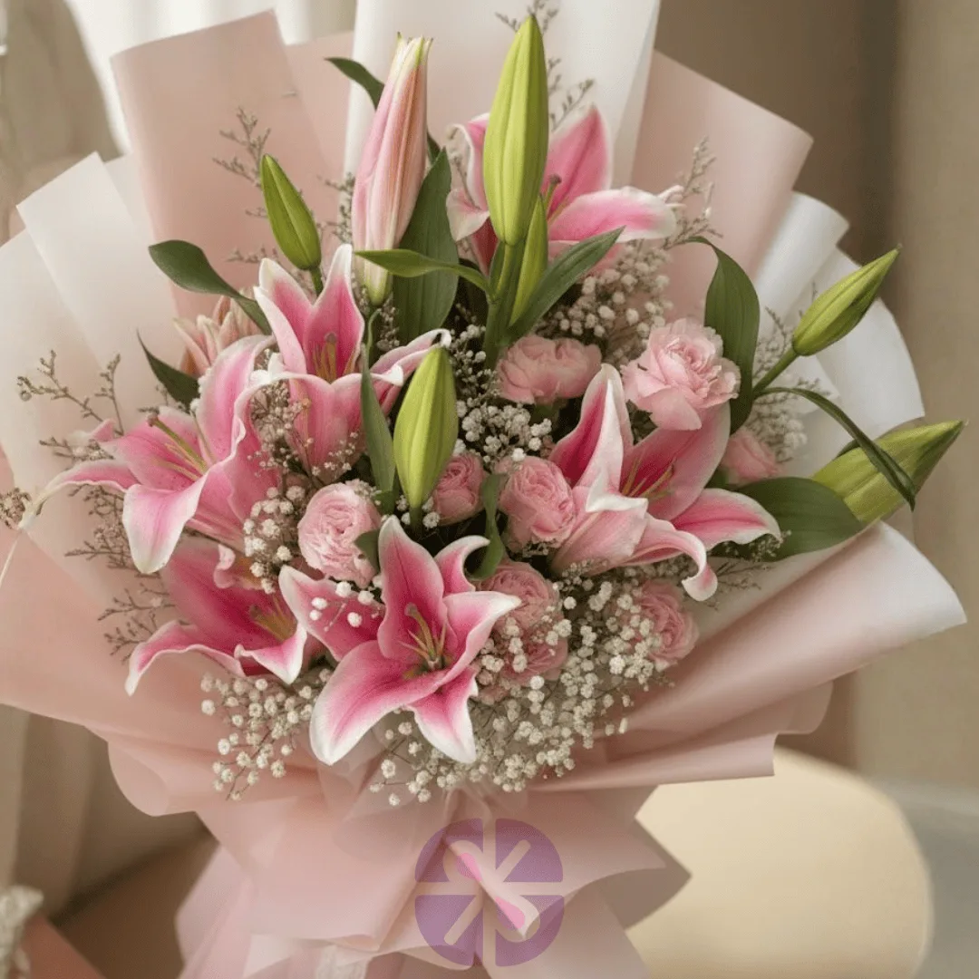 Elegant Pink Star Lily, Rose & Gypsy Flower Bouquet