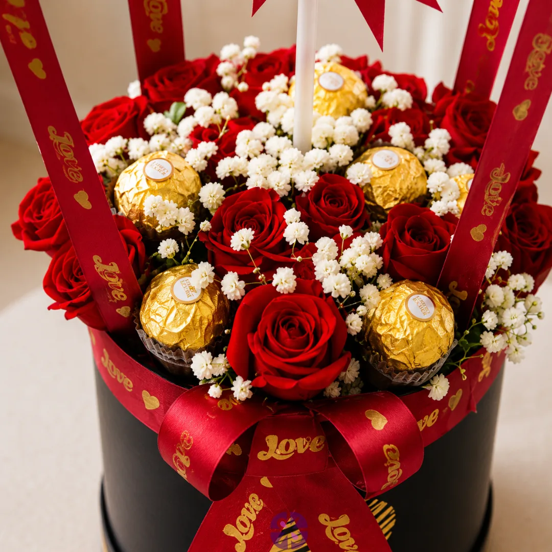 Luxury Balloon Bouquet Red Roses & Ferrero Rocher in Premium Black Box