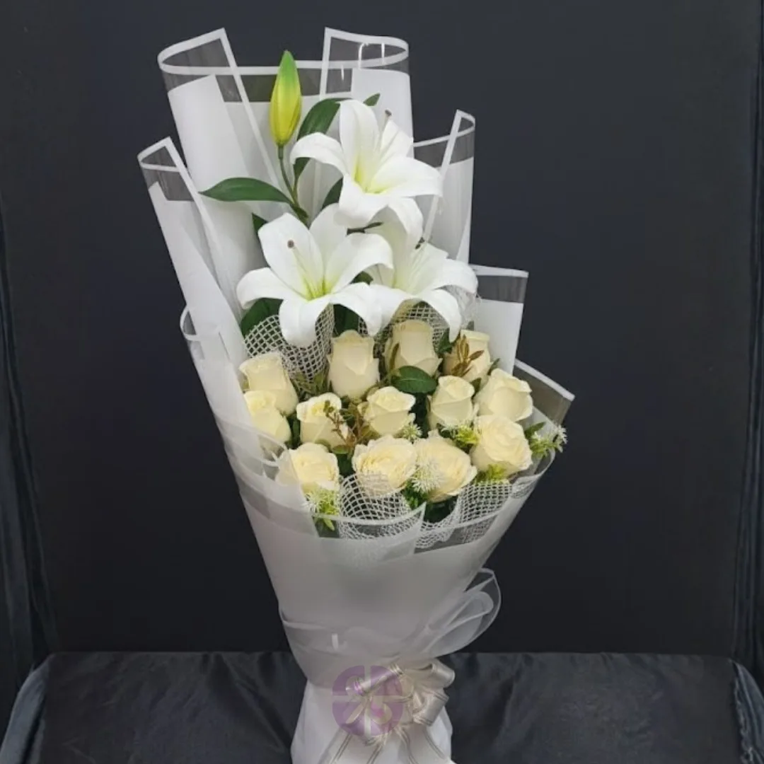 Pure Ivory Artificial White Lily & Rose Stand Bouquet