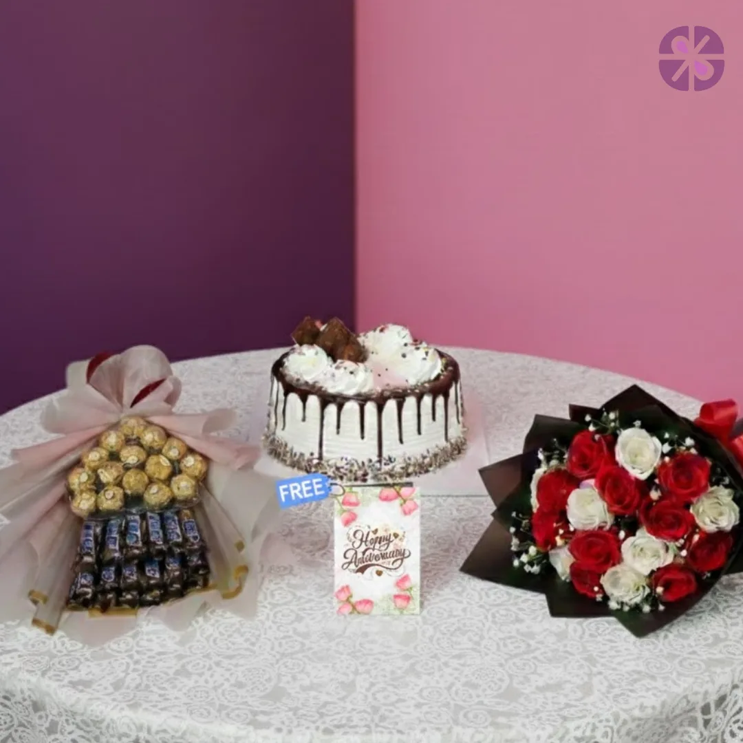 Classic Indulgence Fresh Rose Bouquet, Chocolate Bouquet & Cake Combo