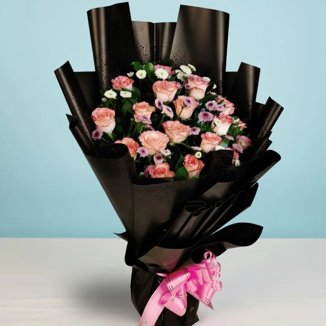 Pink Roses & Chrysanthemum Bouquet in Black Wrap