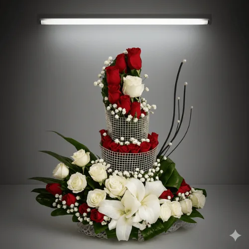 Elegant Red & White Flower Basket Arrangement – Luxury Gift Bouquet