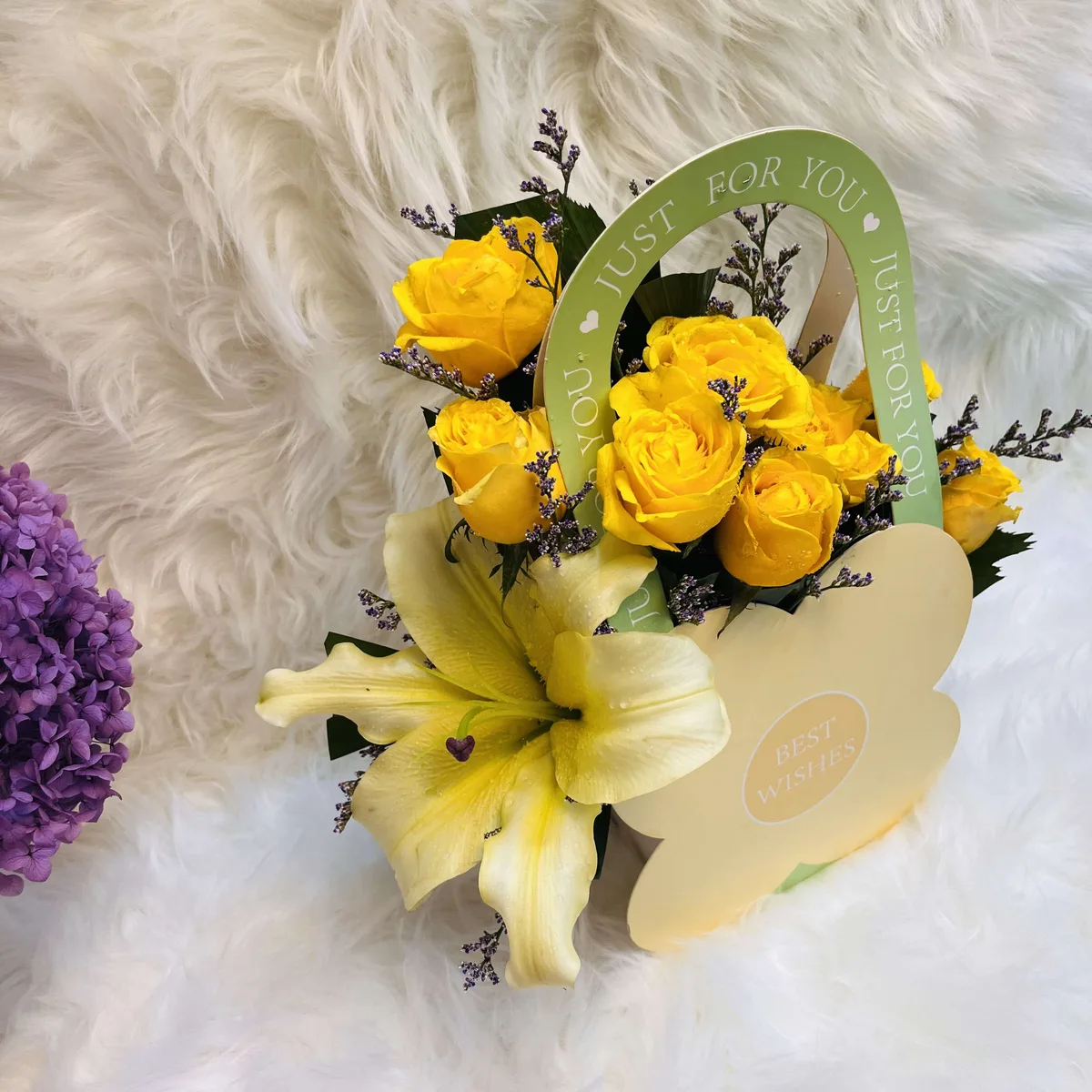 Yellow Lily & Rose Arrangement in Flower-Shaped Hanging Bag