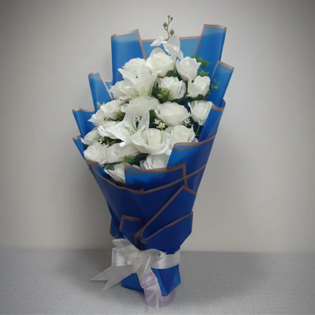 Artificial White Rose & Lily Bouquet in Royal Blue Wrap