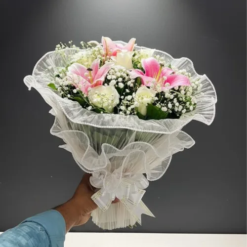 The Serene Luxury Bouquet: Pink Lily, White Rose & Baby's Breath