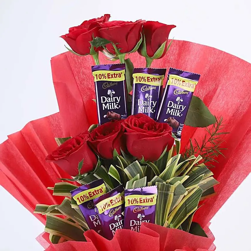 Romantic Red Rose & Dairy Milk Chocolate Bouquet with Red Wrapping