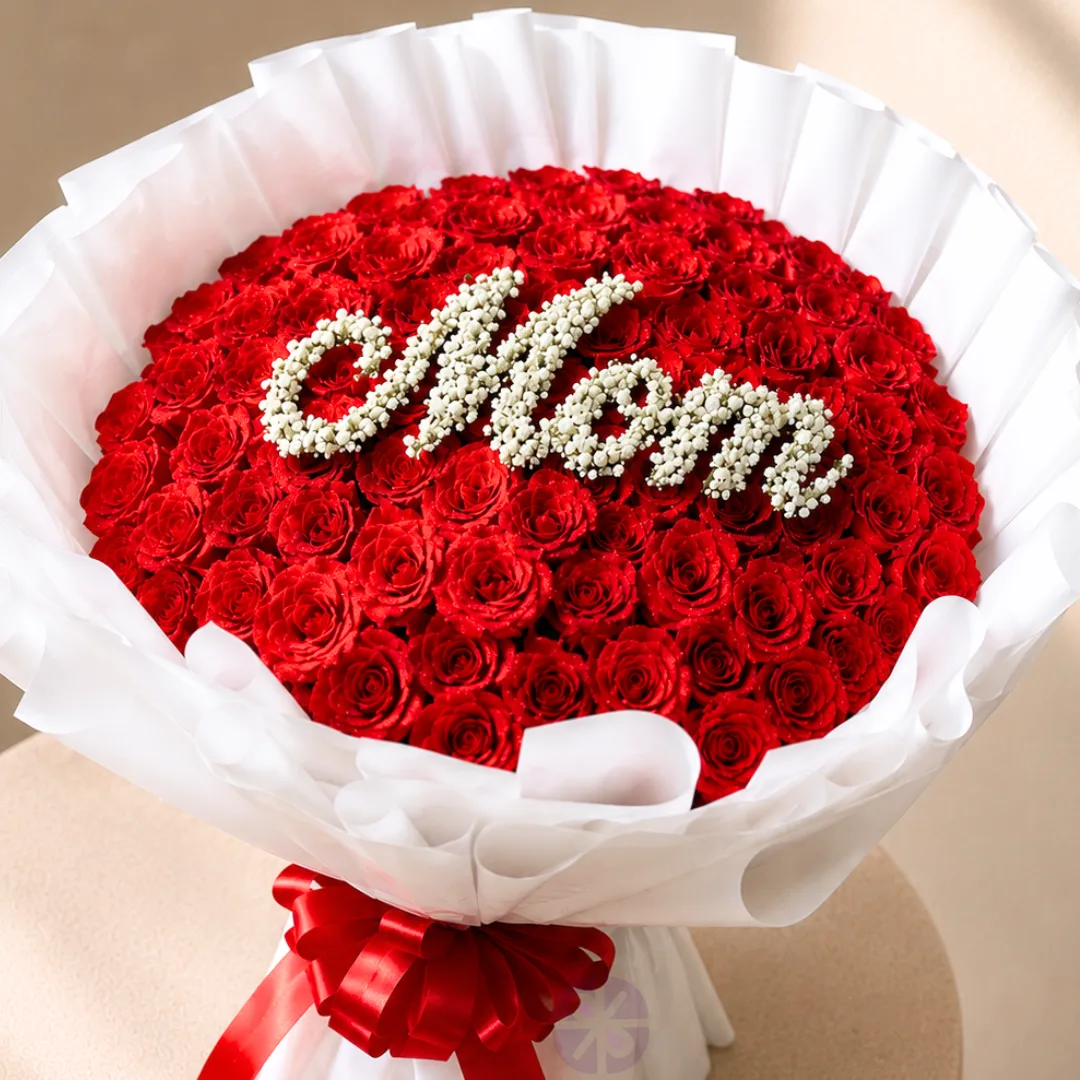 Luxury 100 Red Rose Personalized "Mom" Stand Bouquet