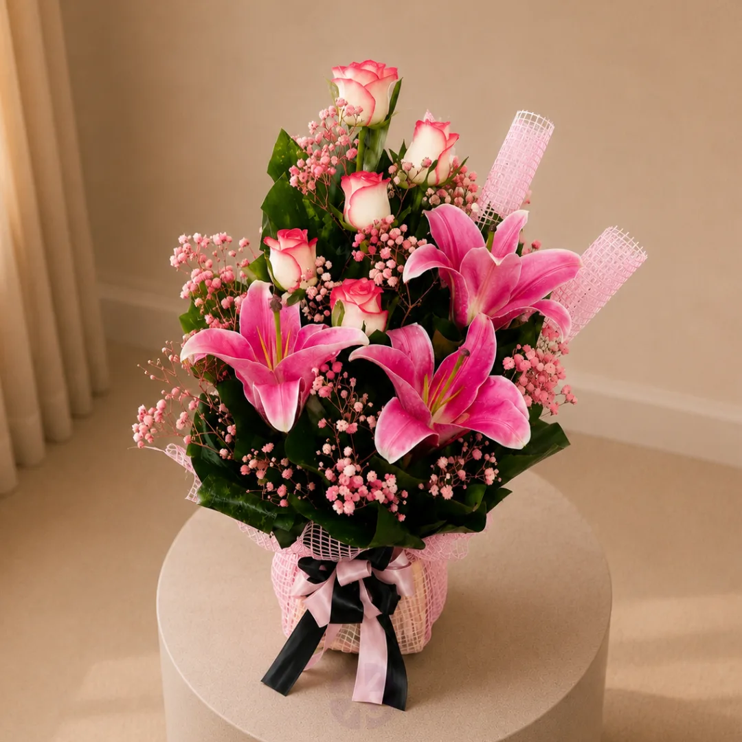 Pink Lily & Pink Shade Rose Bouquet: The Serenity Bloom