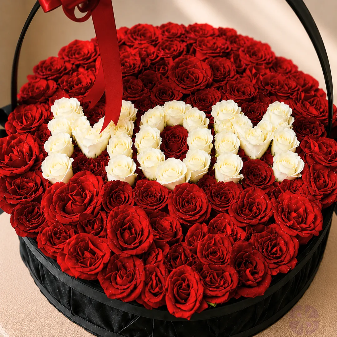 Grand 100-Rose Personalized "MOM" Premium Gift Basket with Red & White Roses