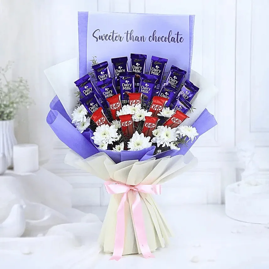 Sweeter Than Chocolate Bouquet – Dairy Milk & KitKat Combo with White Blooms