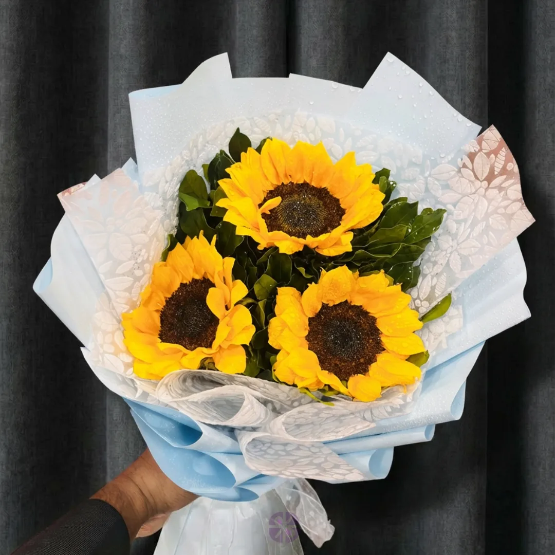 3-Sunflower Hand Bouquet in Sky Blue Floral Wrap