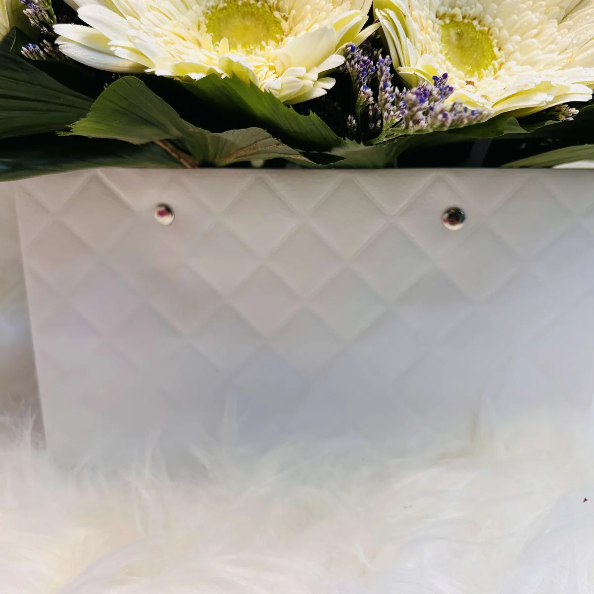 Red Rose, Yellow Lily & White Gerbera in Quilted White Gift Bag
