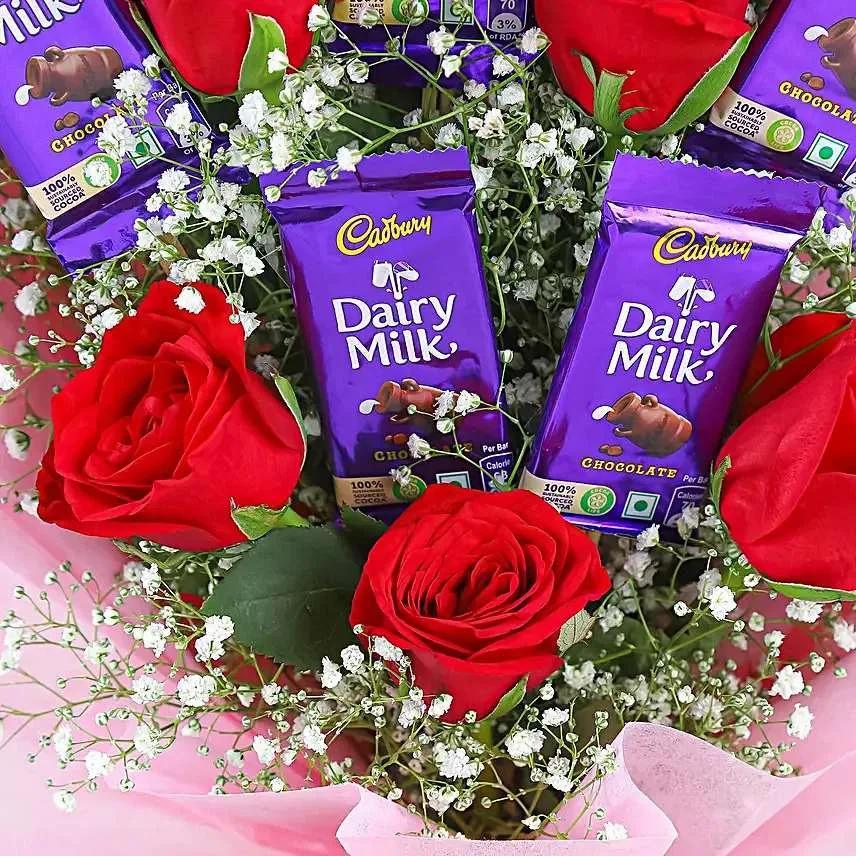 Red Rose & Dairy Milk Chocolate Bouquet with Pink Wrapping