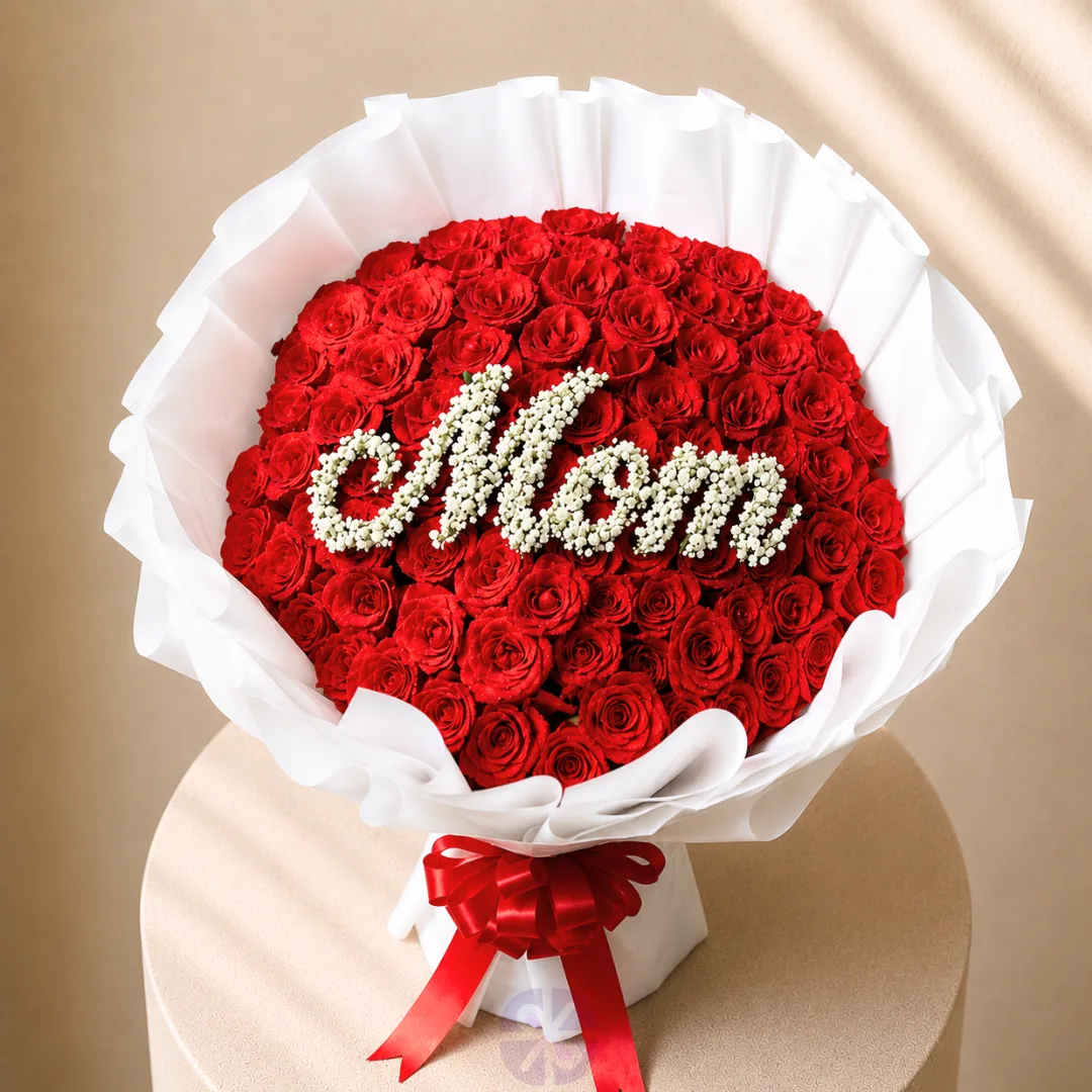 Luxury 100 Red Rose Personalized "Mom" Stand Bouquet