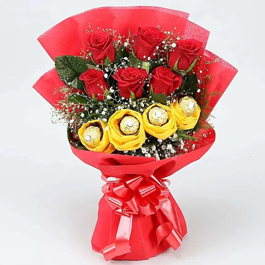 Red Rose & Ferrero Rocher Yellow Bloom Bouquet
