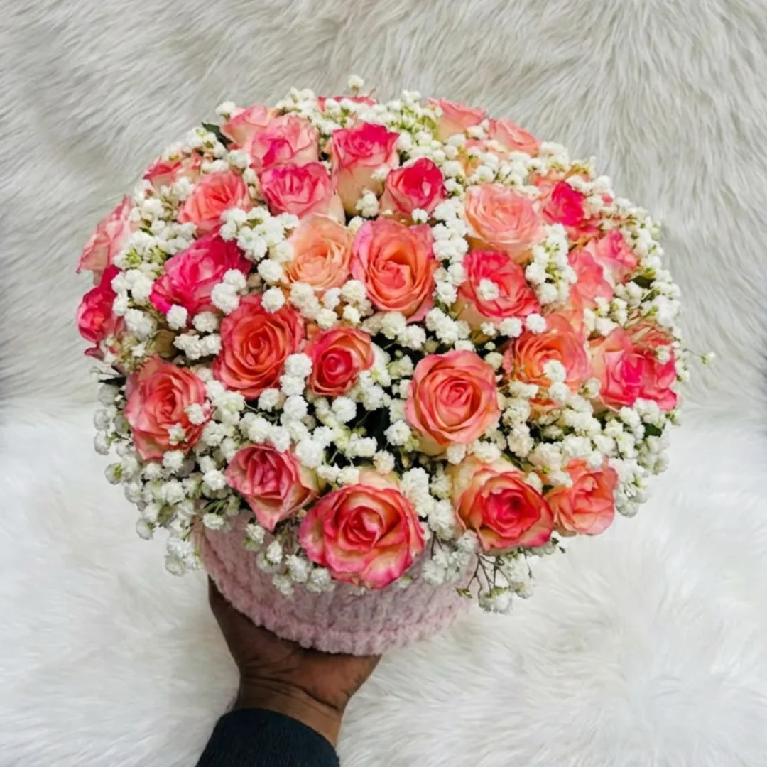 50 Pink Rose & Gypsy Arrangement in Cotton Velvet Luxury Round Box