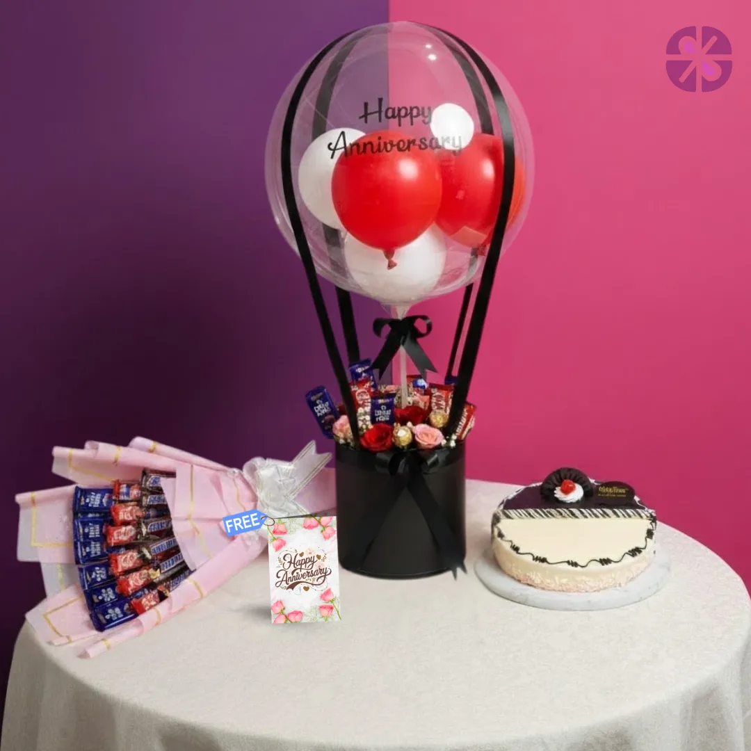 Anniversary Grandeur: Ultimate Chocolate & Balloon Bouquet with Cake Combo Set