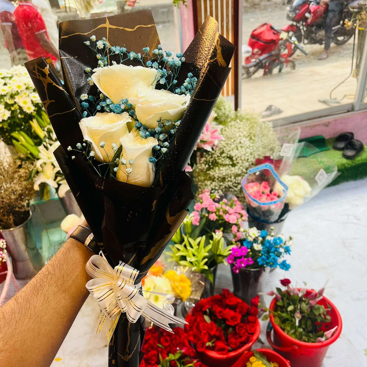 A Pure Love White Roses in Black & Gold Wrap Bouquet