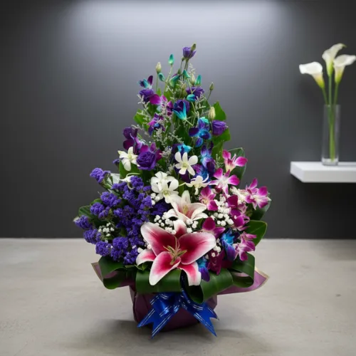 Elegant Orchid & Lily Bloom Basket
