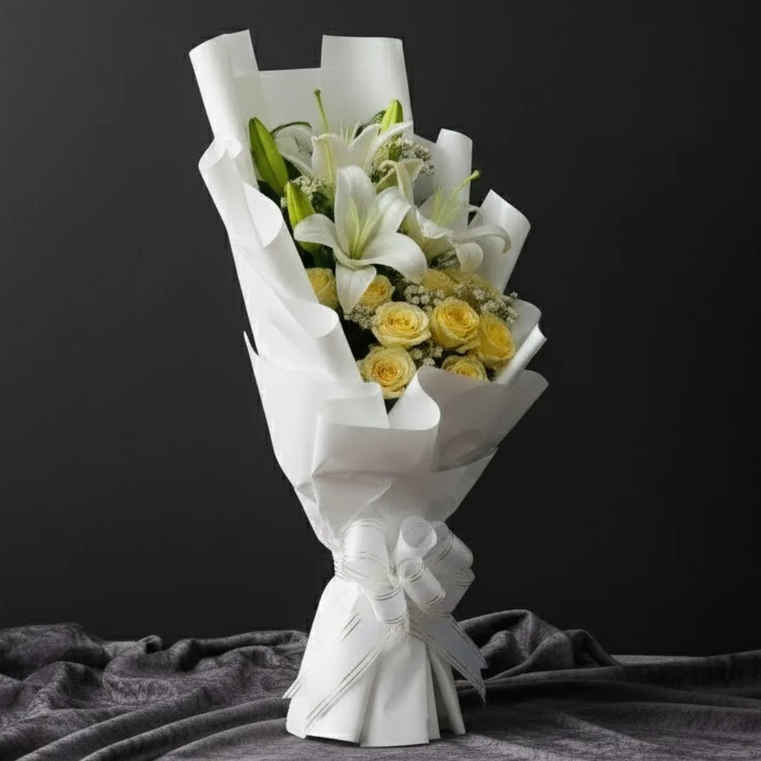 Elegant White Chinese Lily & Yellow Rose Stand Bouquet