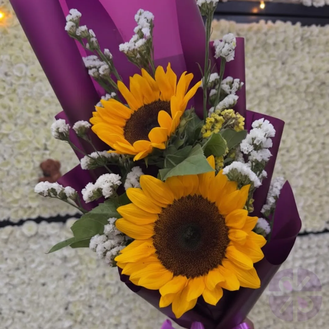 The Purple Glow Two Sunflowers & White Bloom Bouquet