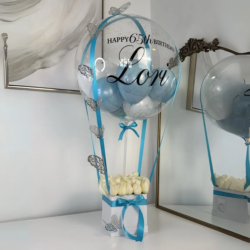 Elegant Birthday Balloon Gift Box with White Roses