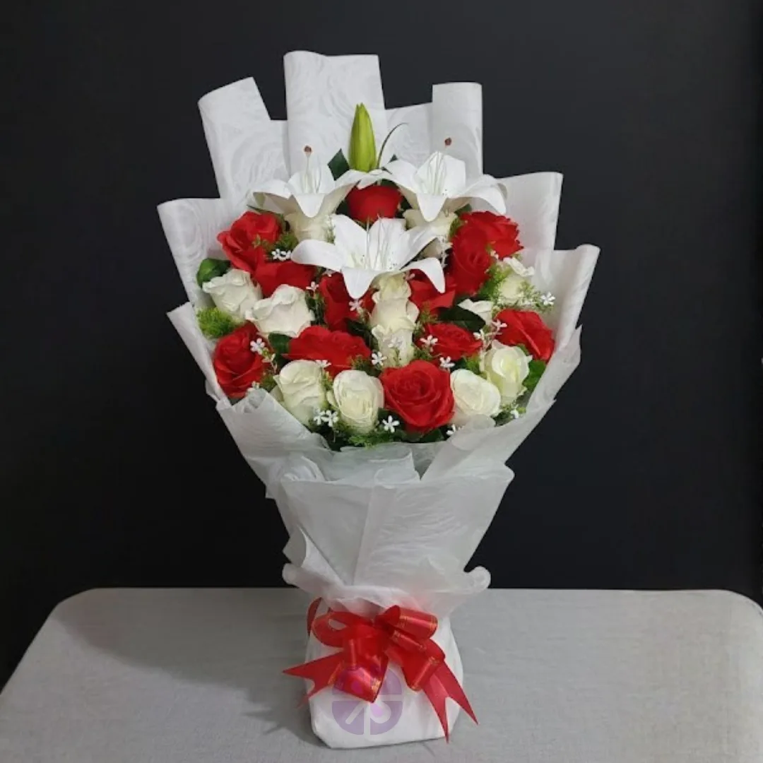 Passion & Purity Artificial Red & White Rose, White Lily Stand Bouquet
