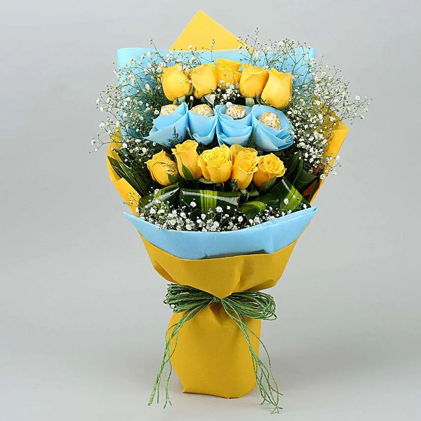 Bright Yellow Roses & Ferrero Rocher Chocolate Bouquet